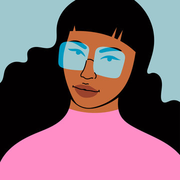 Beautiful black Woman in blue sunglasses looking at camera. Closeup fashion portrait of cute young lady. Hand drawn Vector illustration. Template for card, poster, banner, t-shirt print