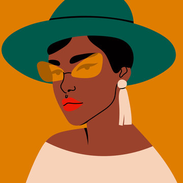 Beautiful black Woman in sunglasses and hat looking at camera. Closeup fashion portrait of cute young lady. Hand drawn Vector illustration. Template for card, poster, banner, t-shirt print