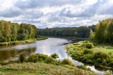 Fototapeta na wymiar View of the confluence of the Sishka River with the Volga River, Kokoshkino, Rzhev district, Tver region, Russian Federation, September 19, 2020