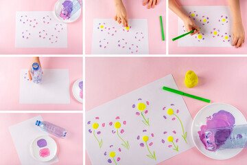 Collage DIY and kids creativity Step by step instruction: draw greeting card with flowers using plastic bottle. Children Craft for womens, mothers day.
