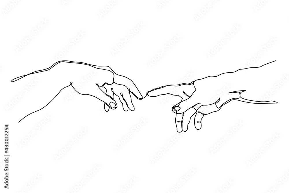 Poster continuous one line drawing of hands going to touch together. one line art of touching fingers. vect