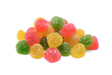 Colored jelly sweet sugar candies or marmalade isolated on a white background.