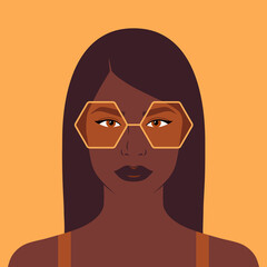 Fashionable girl in yellow sunglasses. African american woman portrait. Vector portrait of young woman wearing sunglasses. Flat illustration.
