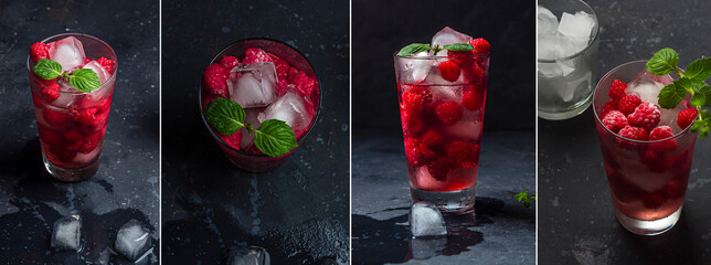 Collage of Raspberry alcoholic cocktail with liqueur, vodka, ice and mint on dark background. Raspberry Mojito. Refreshing cool drink, lemonade or ice tea in glass