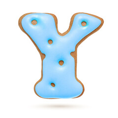 Capital letter Y. Blue gingerbread biscuit isolated on white.