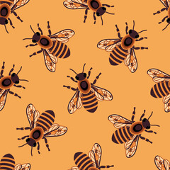 Honey bee pattern. Honey bee swarm inside beehive. Vector background.