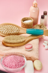 Obraz na płótnie Canvas Different skin care products, pink background