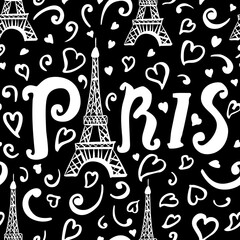 Paris seamless pattern black and white color. Eiffel tower, hearts, swirl sketch graphics illustration. Romantic france art wallpaper. Night in Paris near the monument of love. Dark doodle art - 430013253