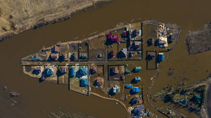 Severe flooding on the river. Sunken suburban areas. Spring flood