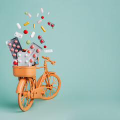 Retro orange bicycle with tablets and pills flying out of basket against pastel green background. Creative medicine delivery concept. Pharmacy banner with copy space.