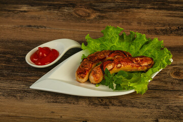 Roasted chicken white sausages with ketchup