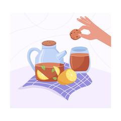 Still life. Composition with teapot, tea and cookies. Vector illustration.