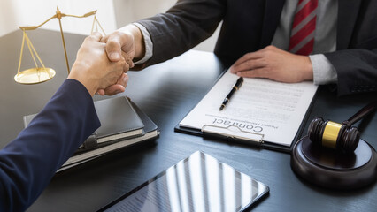 Professional lawyer advising a client on commercial contract legal in service office. Justice, Law,...