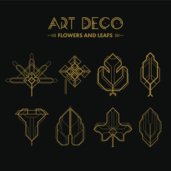Set of Art deco leafs and flowers. Creative template in style of 1920s for your design. Vector illustration. EPS 10