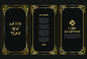 Vintage retro style invitation for New Year in Art Deco. Art deco border and frame. Creative template in style of 1920s. Vector illustration. EPS 10