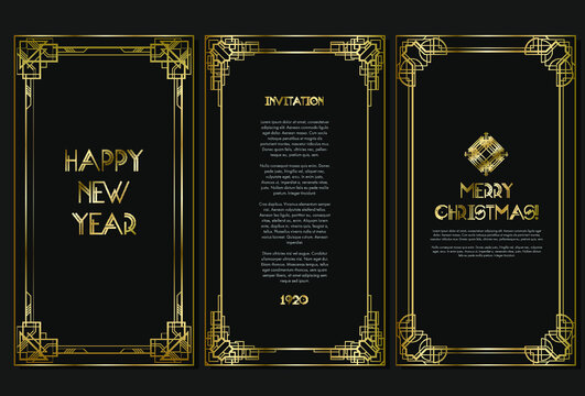 Vintage retro style invitation for New Year in Art Deco. Art deco border and frame. Creative template in style of 1920s. Vector illustration. EPS 10