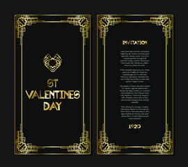 Vintage retro style invitation for Valentines Day in Art Deco. Art deco border and frame. Vector illustration. EPS 10