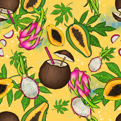 seamless pattern with green fancy leaves, papaya, pitahaya, coconut fruits. Summer Beach Vacation Theme