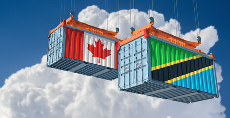 Freight containers with Canada and Tanzania national flags. 3D Rendering 