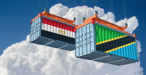 Freight containers with Egypt and Tanzania national flags. 3D Rendering 