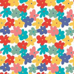 Colourful graphic  blooms on white background seamless pattern