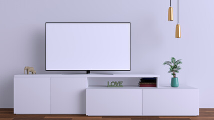 Three-dimensional mockup of a television with a blank screen on a rack cabinet. Similar to a living room in a house. Ideal for presentation of custom designs.