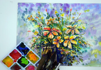 Watercolor painting art class   ,  Flowers in a vase   ,Palette , paintbrush