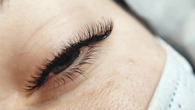Close up of green eye with lash extensions in beauty salon. Fake lashes 