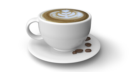 Cup and coffee beans isolated on white background. Three-dimensional illustration.