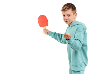 Handsome boy in burgundy suit plays ping pong isolated on white background. Sports concept, masterclass, table tennis. Isolate, copy space. - obrazy, fototapety, plakaty