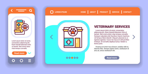 Veterinary clinic services web banner and mobile app kit. Outline vector illustration