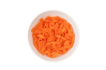 Sliced carrots in a plate on a white background. Fresh carrots cut pieces close-up.