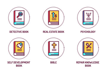 Genres of books color line icons set. Vector illustration