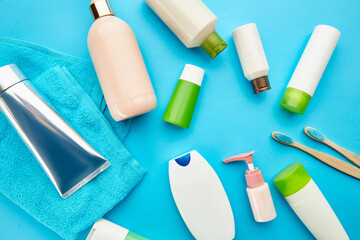 Oral and skin care products, blue background
