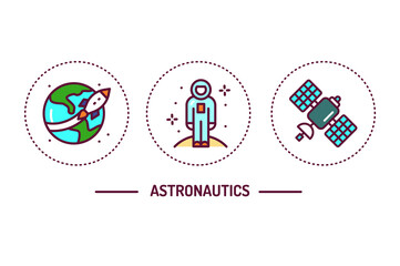 Astronautics color line icons concept. Pictograms for web page, mobile app, promo.