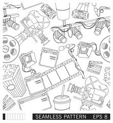 Seamless texture. Line art pattern of elements from the film industry and cinema. Vector illustration