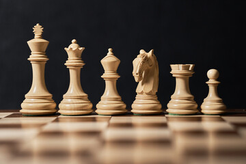 beautiful chess pieces Colombian knight lined up in ascending order np varnished chessboard on a dark background.
