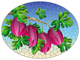 Illustration in the style of a stained glass window with a branch of ripe red gooseberries, berries and leaves on a blue background, oval image