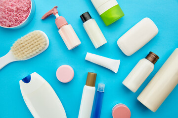 Oral and skin care products, blue background