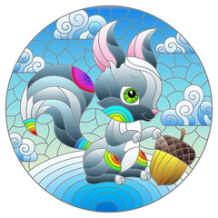 Illustration in the style of a stained glass window with a cute cartoon squirrel on the background of snow and a cloudy sky, round image