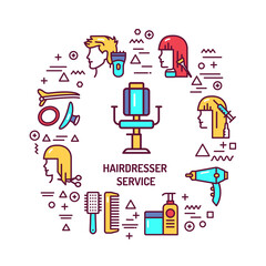 Hairdresser service web banner. Infographics with linear icons on white background. Creative idea concept. Isolated outline color illustration.
