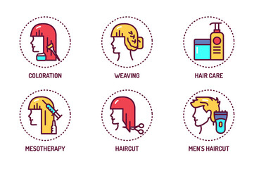 Hairdresser service color line icons set. Beauty industry.