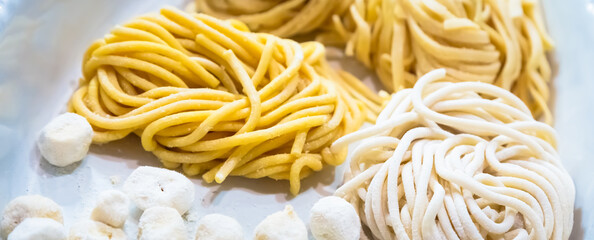 Traditional Italian cuisine. Preparation of Bucatini pasta in Rome, Italy.