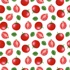 Gouache tomato seamless pattern on white background. Red vegetables print for textile, fabric, wrapping paper, wallpaper, design and decoration.