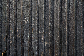 Black wooden texture background of burned wood. Wood texture after fire