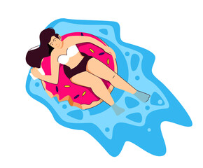 beautiful woman in a two-colored swimsuit on an inflatable ring in the shape of donut is resting and looking into a smartphone. Relaxation concept. vector illustration isolated on white background
