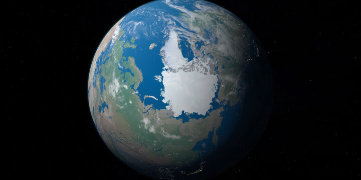 Arctic Circle in planet earth, aerial view from outer space. 3d render