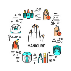 Fototapeta na wymiar Manicure web banner. Infographics with linear icons on white background. Creative idea concept. Isolated outline color illustration.