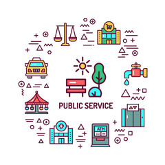 Public services web banner. Infographics with linear icons on white background. Creative idea concept. Isolated outline color illustration