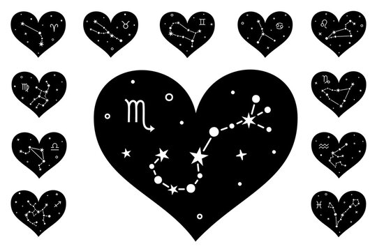 Constellation, stars and zodiac signs inside the shapes of hearts. Astrological zodiac symbols. Set of monochrome silhouettes. Horoscope designs.
